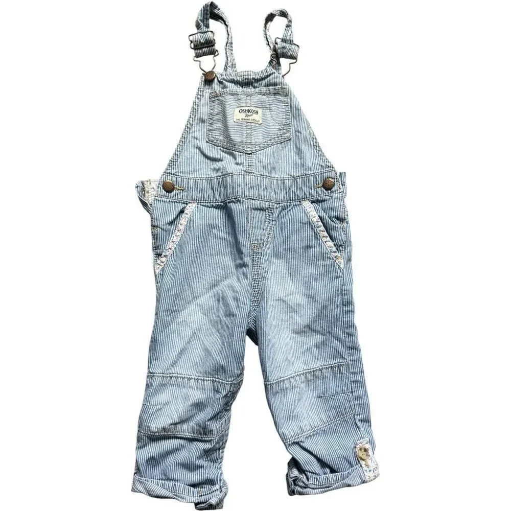 Toddler Girls Oshkosh B'gosh Multi Pinstripe Floral Overalls Coverall - Sz 24 mo